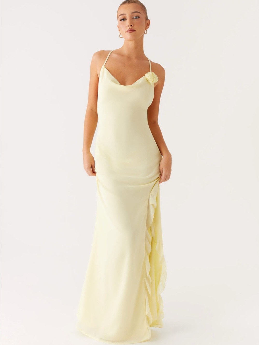 Elegant Pale Yellow Slip Maxi Dress with Floral Accent